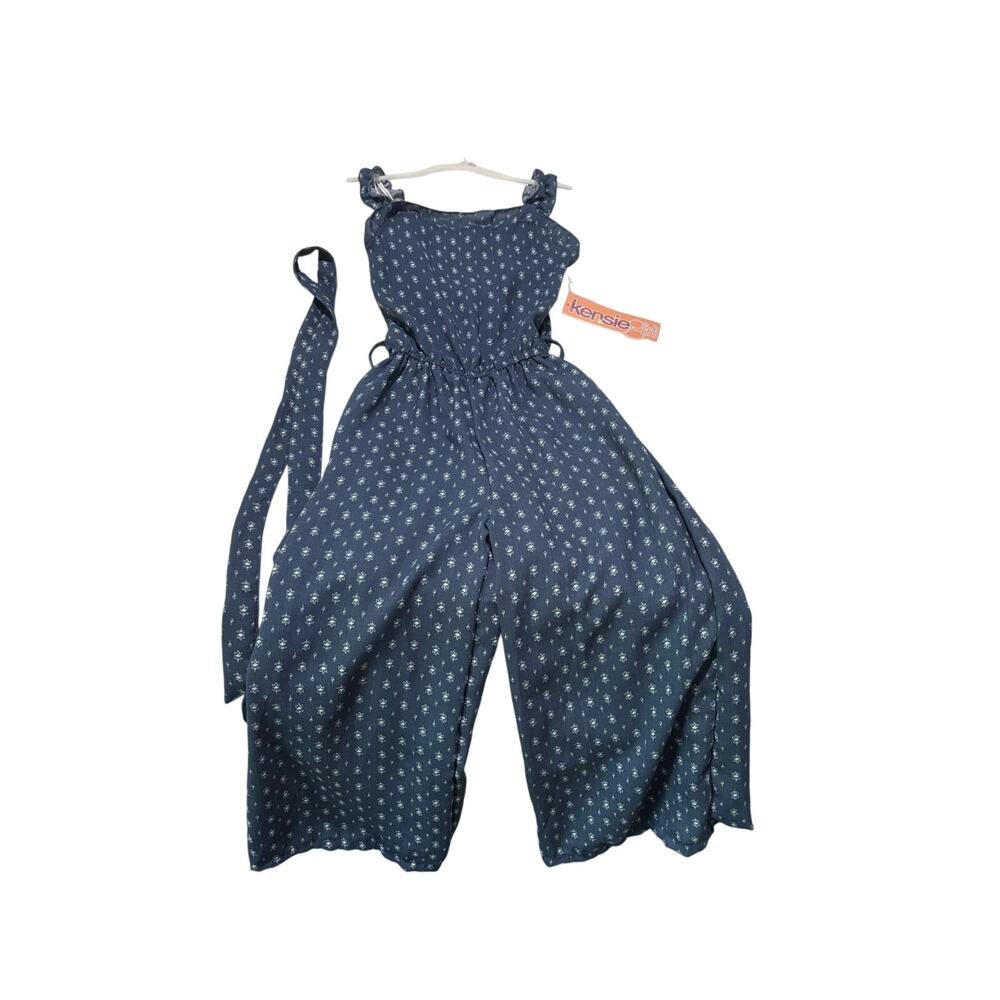 Kensie Girl 7/8 denim floral repeating pattern romper nwt tank top tie waist